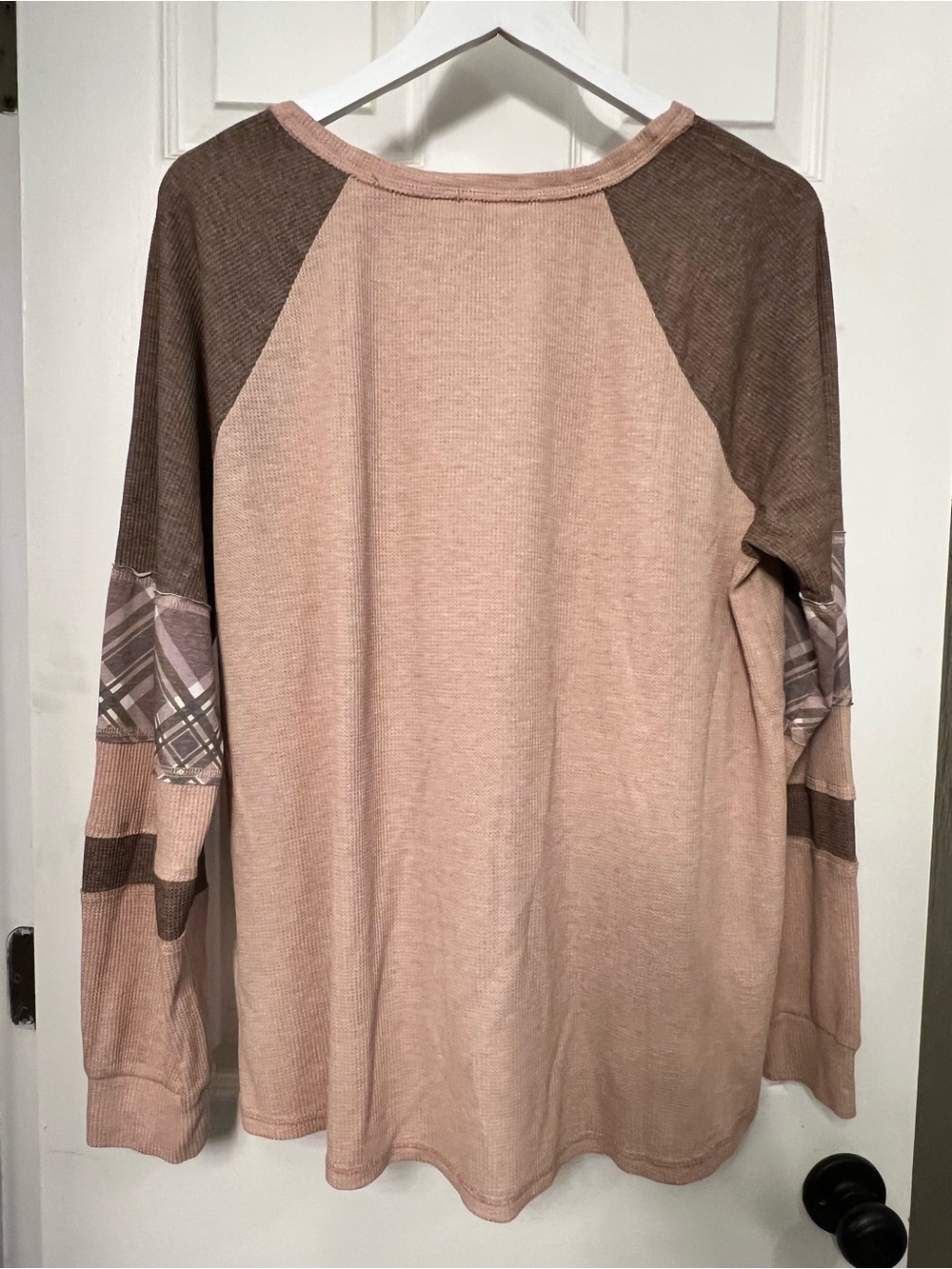 Cato Pink and Brown Raglan Pullover with Plaid Elbow Patches - Picture 2 of 6
